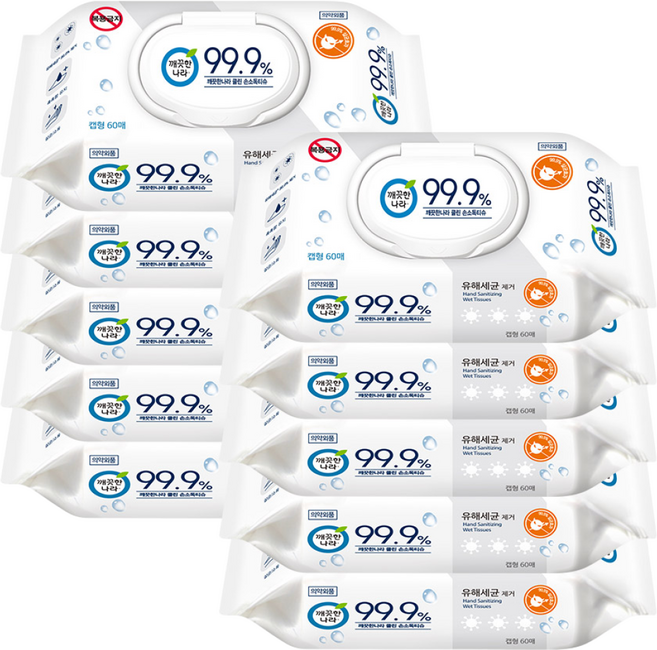 깨끗한나라 클린 손소독티슈 캡형 60매, 10세트