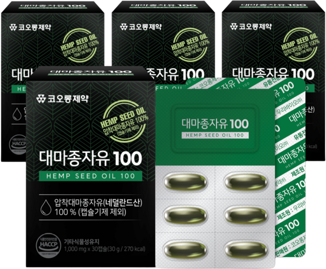 코오롱제약 냉압착 대마종자유 식약청인증 HACCP 1000mg 식물성 햄프씨드 오일, 4개, 30정