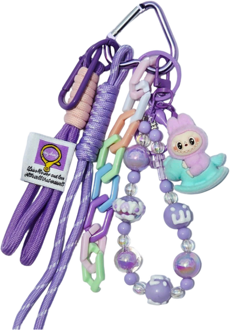 라부부 키링 고급스러운 로프 예쁜 비즈 하트 고리 labubu 인형 열쇠고리, 1개, 퍼플