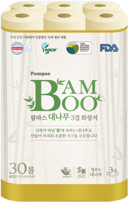 Pampas 대나무 3겹 화장지, 27m, 30롤, 1개