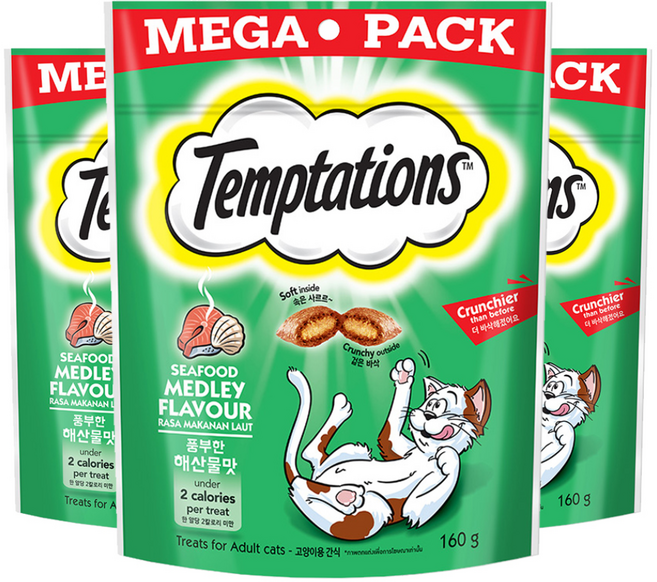템테이션 고양이 스낵, 풍부한 해산물맛, 160g, 3개