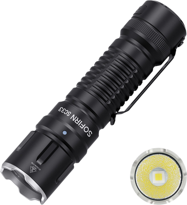 Sofirn SC33 전술 손전등 충전식 21700 리튬 이온 배터리 5200루멘 327미터 IPX8 6단 기어 조정 모드 TYPE-C 인터페이스 승압 정전류 구동, 1세트