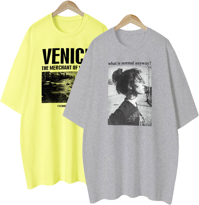 1+1 2장묶음 여성용 롱티 프린팅 레터링 여성 여자 반팔 티셔츠 루즈핏 편안한 빅사이즈 티