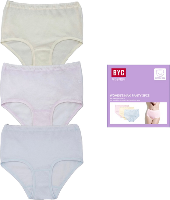 BYC 여성 부인용 베이직 부드러운 순면 맥시 팬티 3종세트