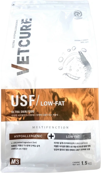 벳큐어 독 USF 식이알러지 체중관리 처방식 사료 대용량, 1개, 1.5kg, 저지방 - 쿠팡