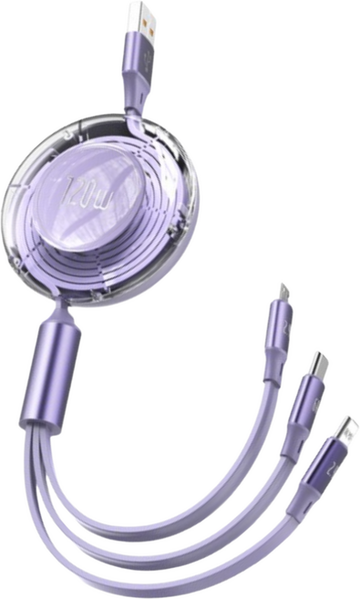 AL컴퍼니 초고속 급속 충전 릴 케이블 120W 3 in 1, 1개, 퍼플, 120cm