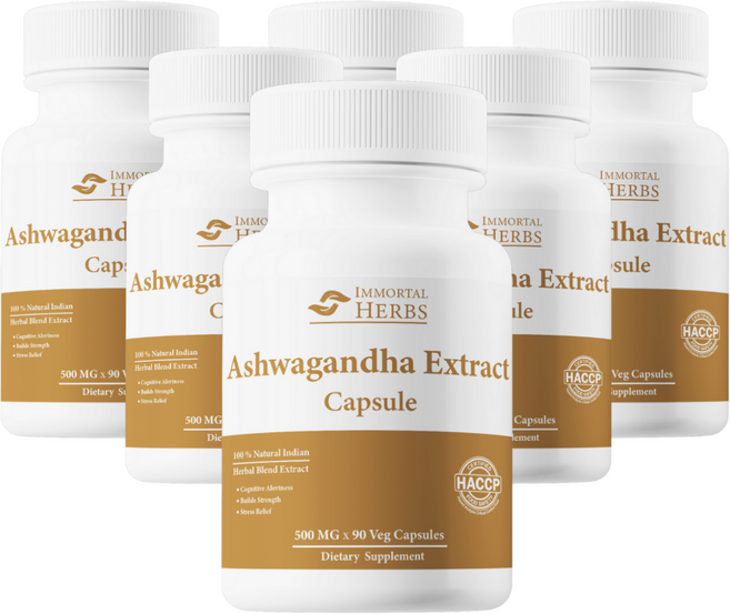 Immortal Herbs 아슈와간다 캡슐 9.55% 위다놀라이드를 1000mg x 90캡슐 알약, 45g, 6개