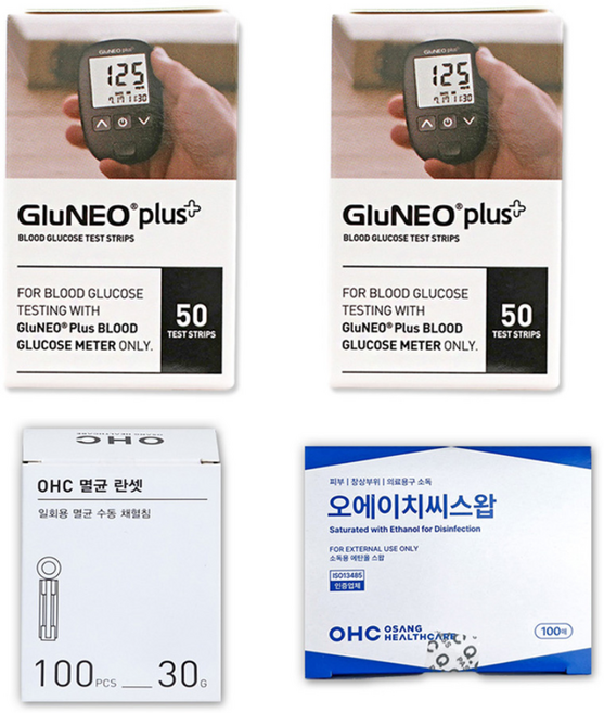 [유준통상] 오상헬스케어 글루네오 플러스 혈당측정기 전용 검사지 100p + OHC 멸균 란셋 30G 100개입 + 알콜솜 100p, 1세트