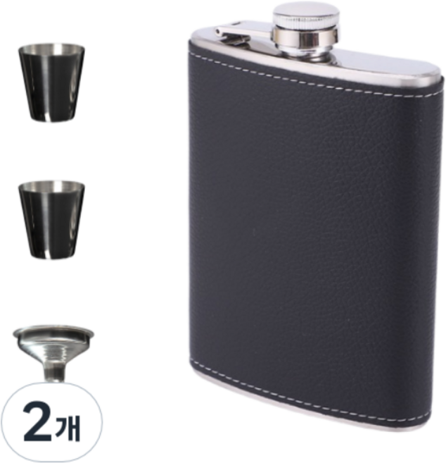 씨엔와우 힙플라스크 휴대용 포켓 술병 위스키 소주 보틀 스테인레스 8oz ( 230ml ), 2개, 가죽 블랙