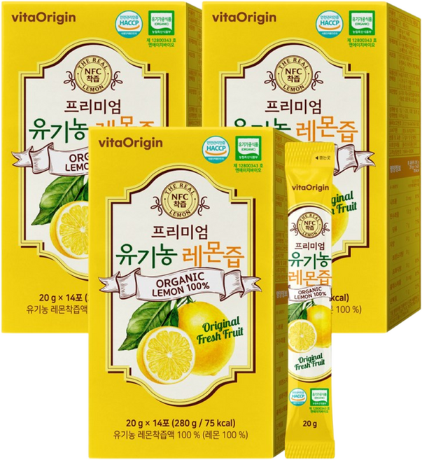 비타오리진 프리미엄 유기농 레몬즙 14포, 280g, 3개
