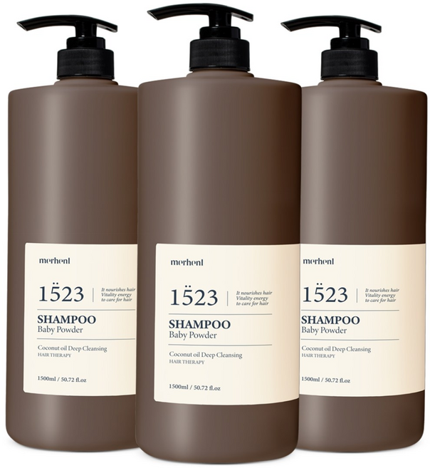 [1+1+1] 메르헨트 코코넛 오일 딥클렌징 대용량 샴푸 1500ml 베이비파우더향 약산성 청소년 사춘기 미용실샴푸 정수리냄새 향좋은 퍼퓸 여자 군인 추천 남성 여성 샴푸 1위, 3개, 1.5L