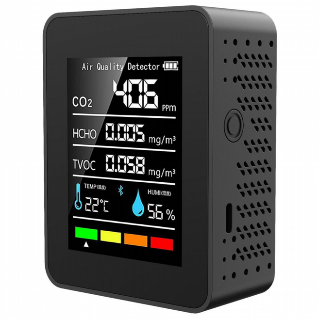 [국내배송] Aduru 공기질측정기 CO2/TVOC/포름알데히드 측정 미세먼지 PM2.5/PM10 실내용 다기능 경보기, 1개, 검정색