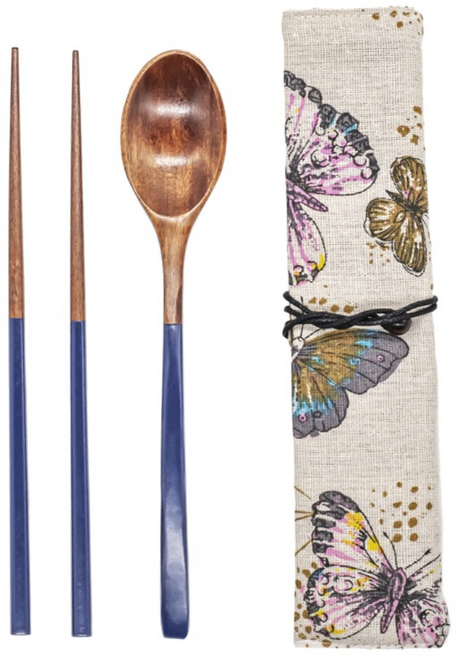 나무 수저세트 옻칠 숟가락 젓가락 요거트스푼 케이스포함, 1세트, 옻칠 수저 젓가락 세트, 네이비 기본