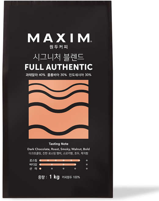 맥심 시그니처 블렌드 풀 어센틱 원두커피, 홀빈(분쇄안함), 1kg, 1개