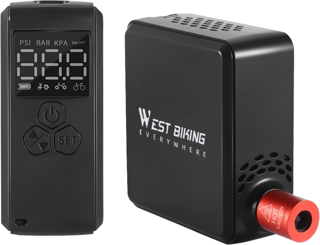 WEST BIKING 미니 전기 자전거 펌프 150PSI 강력 공기 압축기 압력 표시 자동차 오토바이 MTB 로드 바이크 타이어 인플레이터, 1개, Black