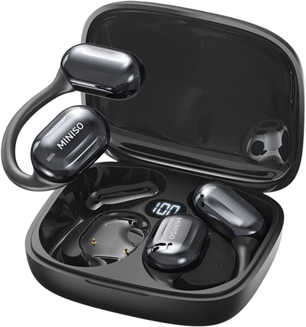 MINISO 이어폰 AI 자동통역 이어폰 블루투스 오픈형 회의 실시간 기록 양방향 통역, 블랙, MS162