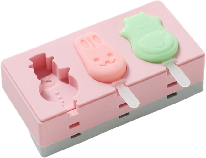 봄햇살 센스맘 실리콘 아이스크림 몰드 수제 아이스크림틀 3구 2개 세트 핑크+그레이, 3구 눈사람+동물 핑크와 3구 앵무새+과일 모양 그레이, 1세트
