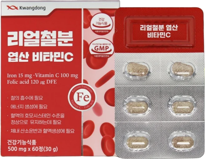 [비타엑스] 광동 리얼 철분 엽산 비타민C 500mg x 60정 1세트 유기철분, 60개, 1회분 - 쿠팡