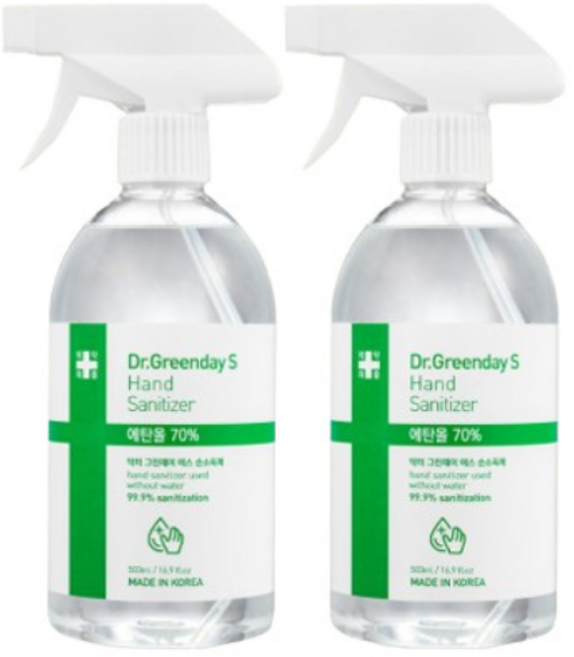 닥터그린데이 뿌리는 손소독제 스프레이 500ml X 2개 에탄올70% 손세정제 의약외품