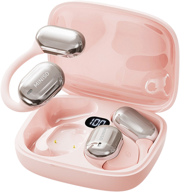 MINISO 이어폰 AI 자동통역 이어폰 블루투스 오픈형 회의 실시간 기록 양방향 통역, 핑크, MS162