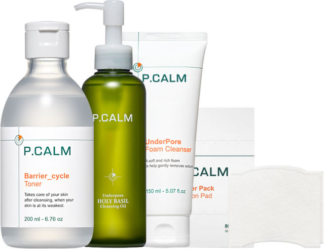 [본사정품] 피캄 홀리바질 클렌징 오일 190ml + 언더포어 바테카 폼클렌징 150ml + 베리어 사이클 토너 200ml + 화장솜 80컷, 1세트