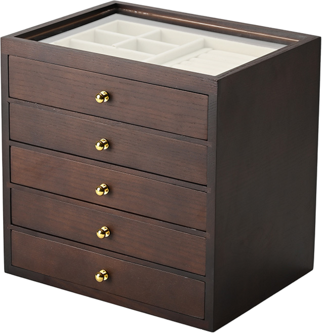 FANXI 고급 원목 대용량 보석 보관함 3단/5단 악세사리보관함 케이스 우드 주얼리 중형 정리함 결혼선물 귀걸이 반지 박스 목걸이 정리용 판매 화장대 정리 친구선물, 1개, X07804,5단브라운