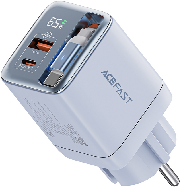ACEFAST GaN 65W 유선 수납식 일체형 릴케이블 충전기 접지형 PPS 초고속 멀티충전기, 1개, 블루
