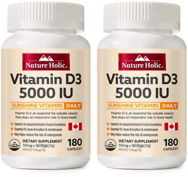 네이처홀릭 캐나다 비타민D 5000 IU 2병 총360캡슐 12개월분, 180정, 27g, 2개