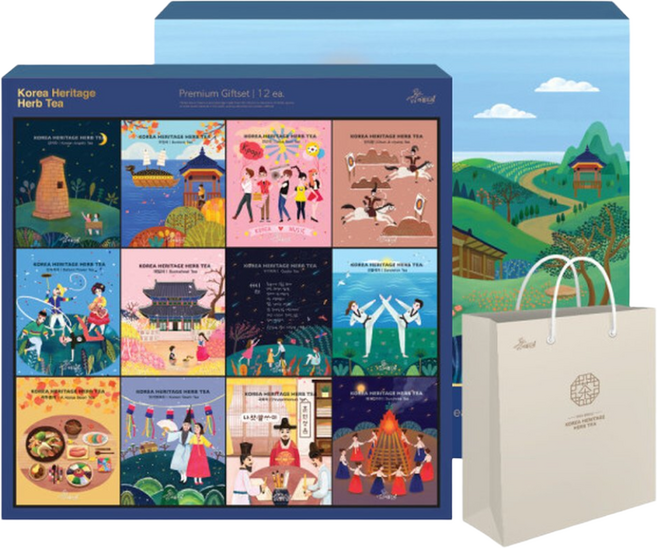 아름드레 한국의 전통차 12종 선물세트 + 쇼핑백, 1개