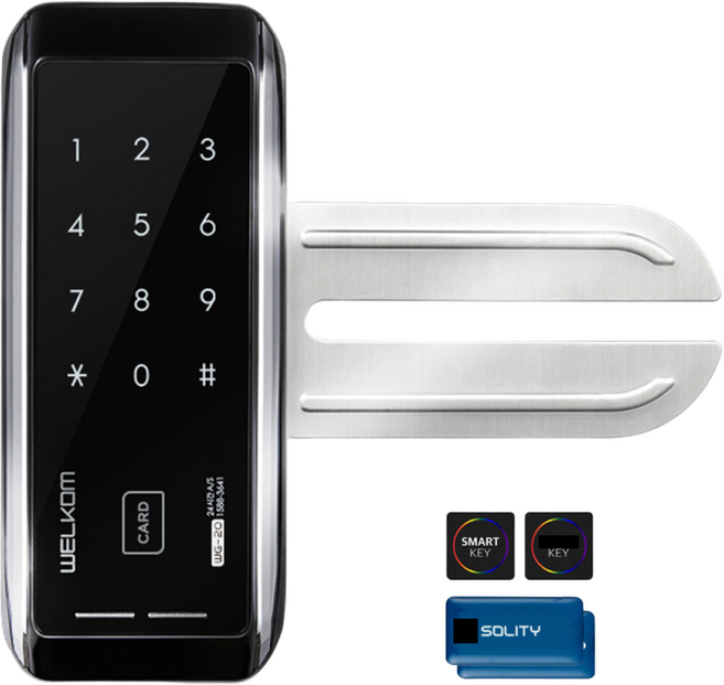 [수도권설치-내일도 가능] 솔리티 웰콤 WG-20 단문형 카드키4개+번호키 강화유리문전용 좌우수문인식(키패드자동전환) 상시문열림기능 차임벨 생활방수 상가 현관문 디지털도어락 도어록, 웰콤 WG-20 단문형/무료설치(A지역)-월요일, 방문설치