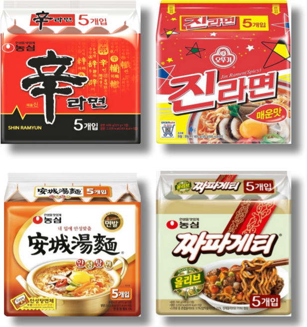 [아름드리마켓] 농심 오뚜기 봉지라면 4종 세트 (신라면+진라면+안성탕면+짜파게티)