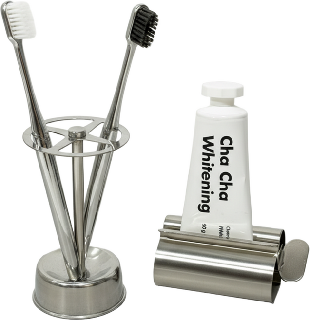 Ovea 오베아 욕실 인테리어 깔끔한 스텐 칫솔 치약 홀더 거치대 압착기 SET, 1개, 스텐 칫솔홀더 + 치약 소형압착기