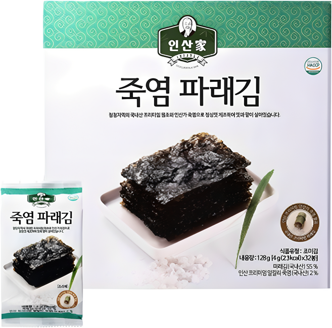 (주)인산가 정품 인산죽염 파래김 4g(32개 1박스) 또는 안관장 맛김 20g(10봉 1박스) +2박스 이상 구입시 금흑 무설탕캔디 (2개), 1박스, 20g
