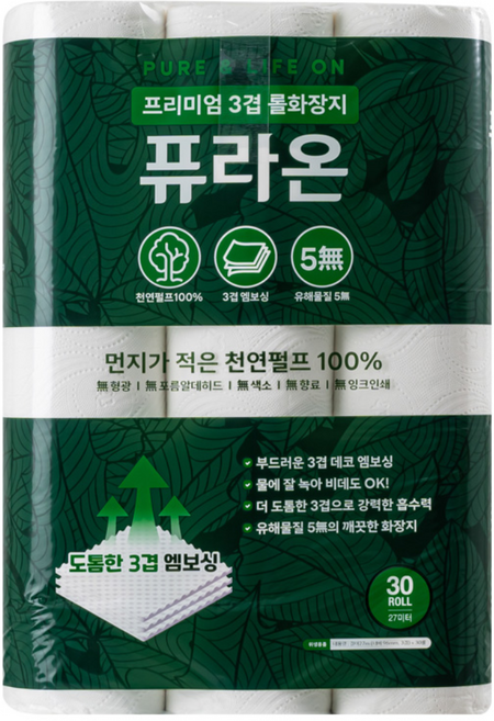 퓨라온 프리미엄 천연펄프 3겹 휴지 엠보싱 비데겸용 롤화장지 30롤, 1개, 30개입, 27m