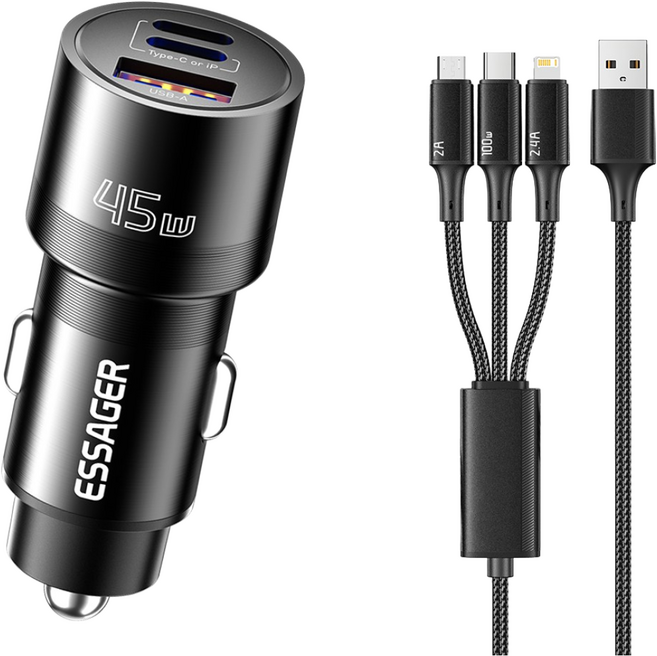 Essager 45W 3포트 듀얼 C타입+USB A타입 차량용 시거잭 자동차 고속 충전기 3-1 100W C타입 고속 충전 케이블 보함, 블랙