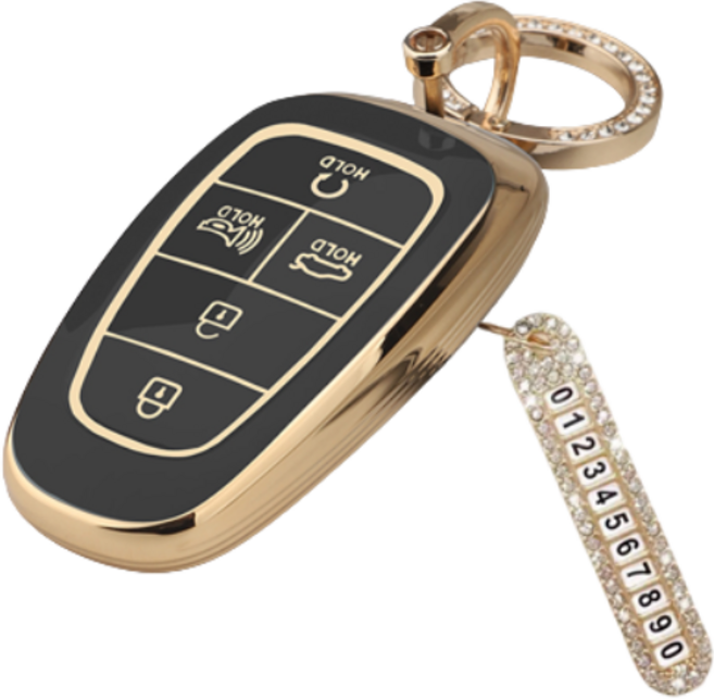 키에티 현대 호환 팰리세이드 투싼NX4 5버튼 TPU 엣지 키케이스 + 큐빅번호판, 골드_블랙