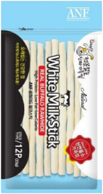 ANF 화이트 밀크스틱 12p 강아지 천연 물소가죽 껌, 밀크파우더, 75g, 1개