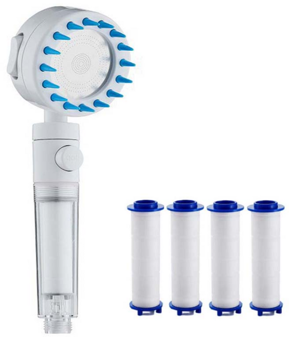 올인원 두피케어 샤워기 리필필터4P 온오프 수압상승 샤워기헤드 정수 필터 샤워기 두피마사지기 실리콘 샴푸브러쉬, 화이트, 1세트