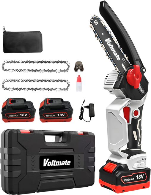 VoltMate 대한민국의 브랜드 21V BLDC 무브러시 모터 6인치 고성능 무선 리튬 배터리 전동 톱 고출력 충전식 무선 전기톱 4000mAh 이중 배터리 세트, 1세트