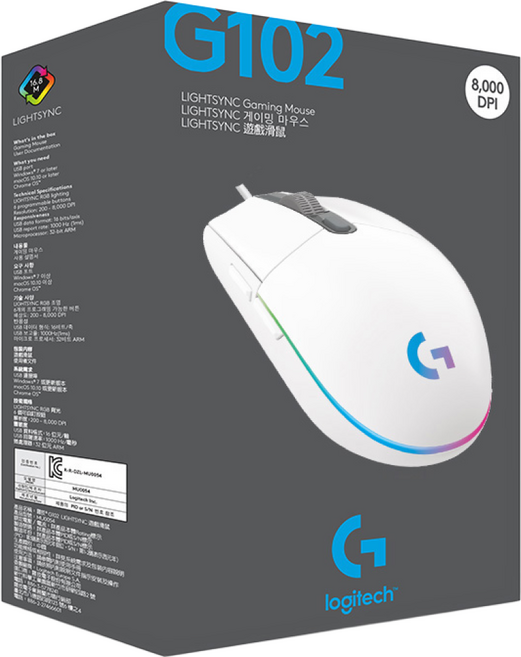 로지텍 G102IC 2세대 LIGHTSYNC 게이밍 유선마우스 벌크 MU0054, G102 정품 박스, 화이트