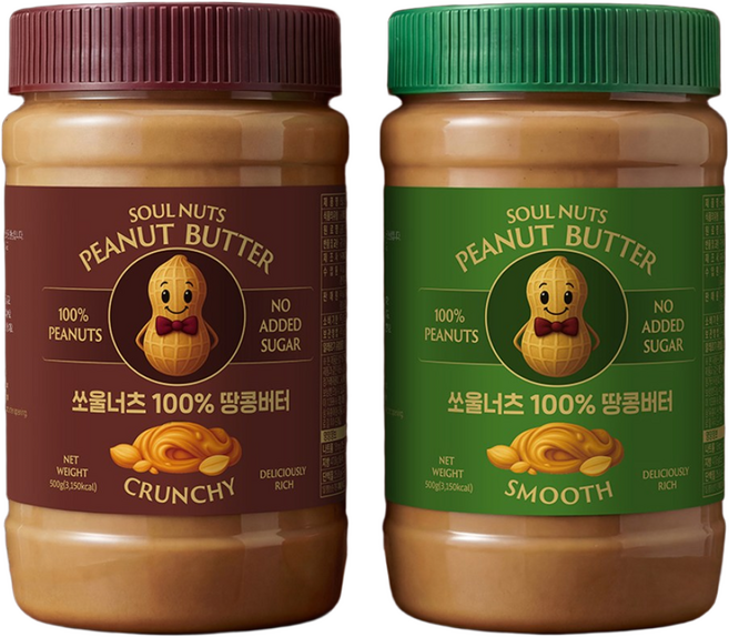 [압도적 고소함] 쏘울너츠 무첨가 무가당 100% 땅콩버터 크런치500g + 스무스500g, 1세트, 1kg