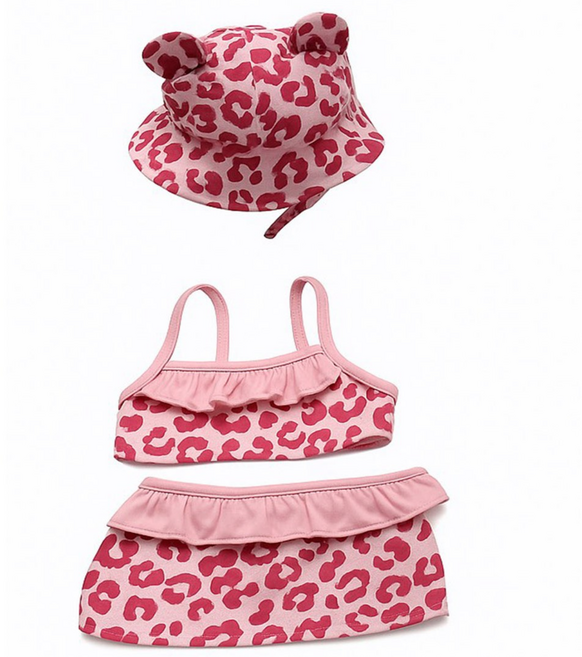 아늑상점 강아지 플라워 비키니 수영복 모자 세트, 1세트, 레오파드 핑크