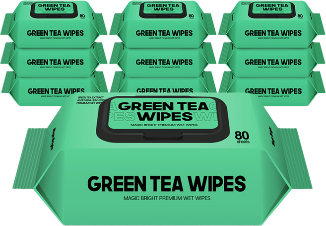매직브라이트 도톰한 엠보싱 그린티 물티슈 캡형, 10개, 80매입, 60g