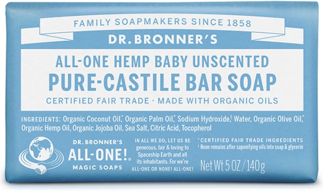 닥터브로너스 베이비 마일드 퓨어 캐스틸 바 솝 무향, 140g, 1개 - 쿠팡