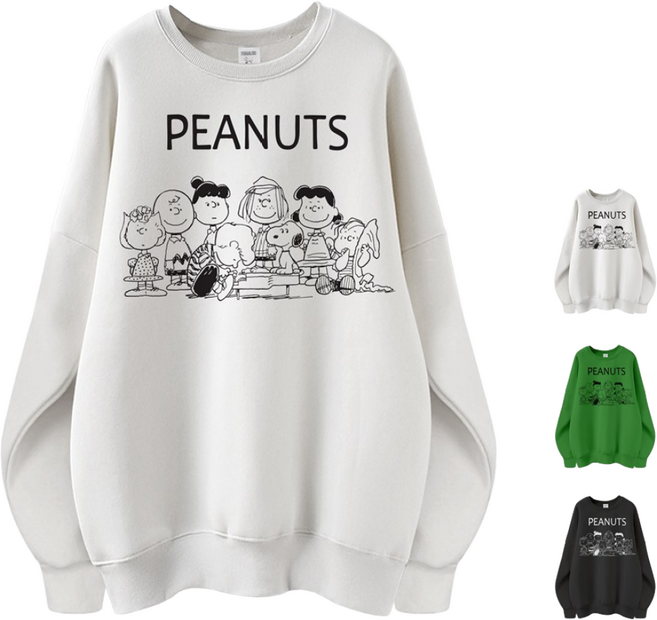 엠제이스타 피너츠 여성 특양면 커플룩 오버핏 남녀공용 캐릭터 스누피 맨투맨 티셔츠