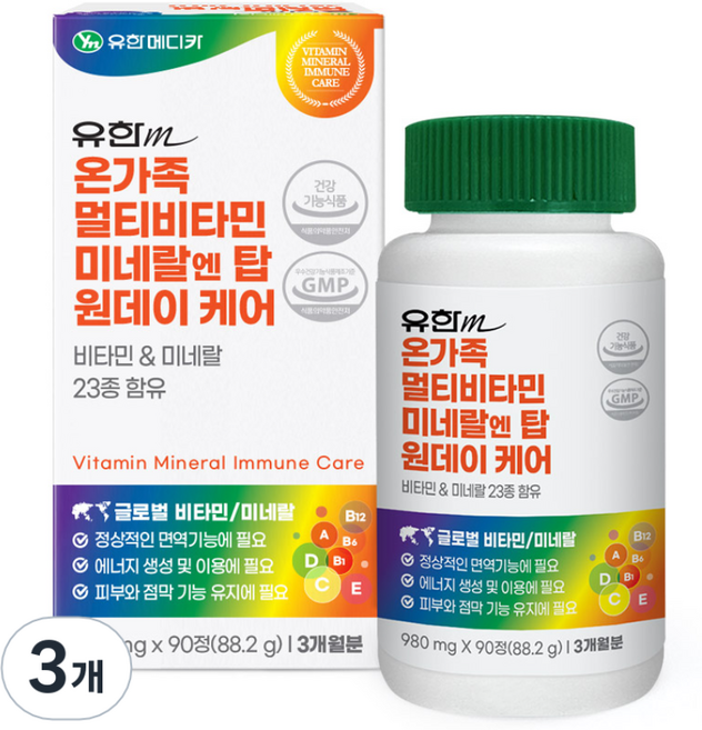 유한메디카 온가족 멀티비타민 미네랄 엔 탑 원데이 케어, 90정, 3개