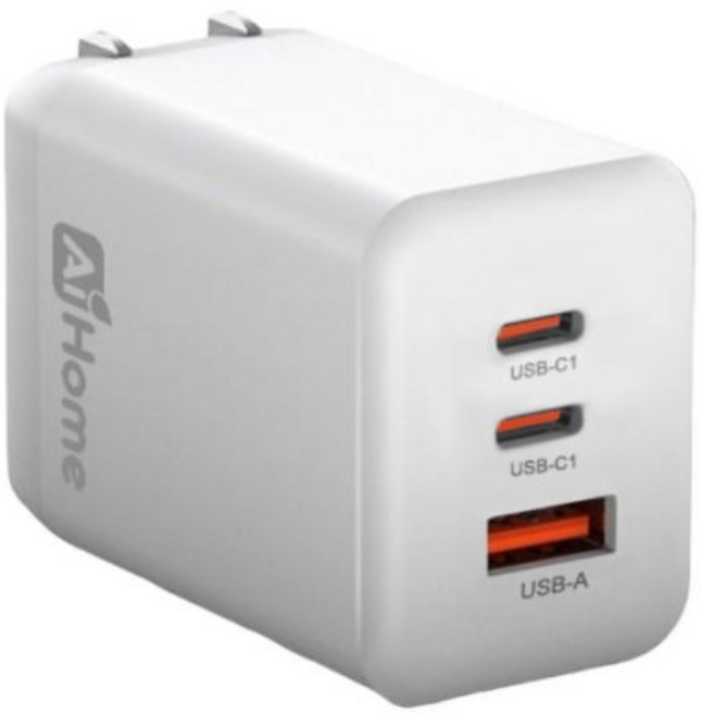 AiHome 多協議兼容 快速充電 旅行必備 65W GaN 氮化鎵製程晶片 三孔快充頭 雙C+USB充電器 折疊插頭 適用蘋果iPhone 安卓 BSMI認證 白色, 1個, 65W GaN 氮化鎵製程晶片 三孔快充頭  雙C+USB充電器  折疊插頭 適用蘋果iPhone 安卓  BSMI認證 白色