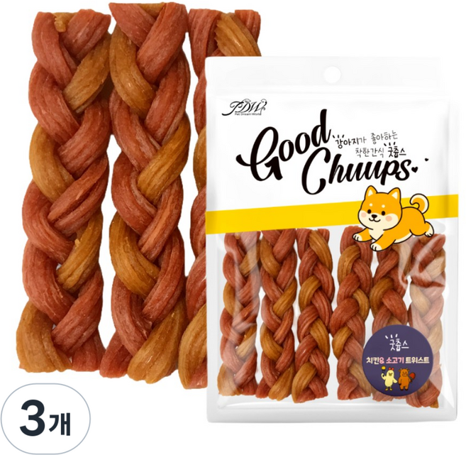 굿츕스 21 하드 트위스트 오래먹는 껌 강아지간식 강아지육포 강아지오래먹는간식 훈련용간식 노즈워크간식, 소고기치킨, 180g, 3개