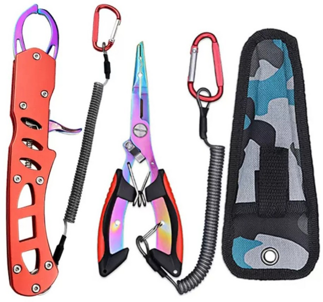 [컨트롤 피쉬그립 세트] 스테인레스 합금 + 다기능 루어 플라이어 / 낚시가위 / 휴대용 낚시공구, 레드, 1개