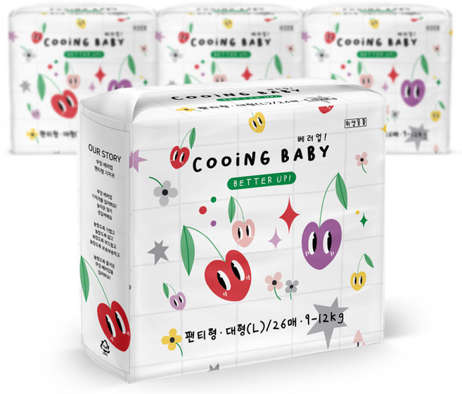 Cooing 베러업 팬티형 기저귀 어린이용, 대형(L), 104매
